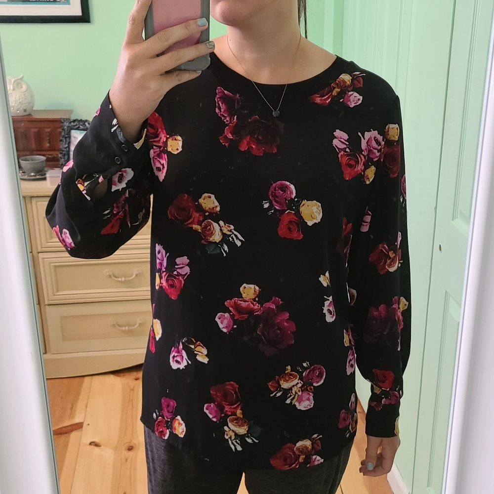 😊Floral Long Sleeve Sheer Top - Tumlnic Length XL